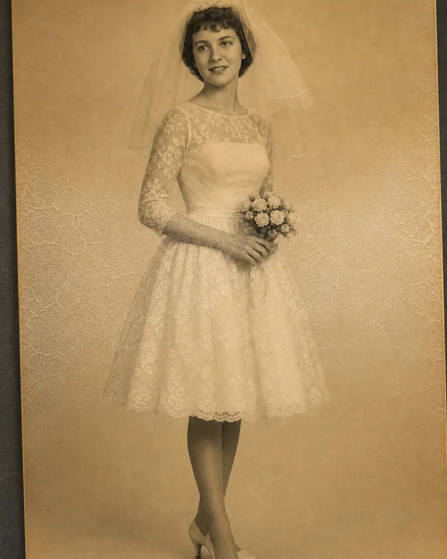 Bruidsfoto uit 1961: een vrouw van eenentwintig in een korte sluier met een klein boeket, de afdruk vergeeld en met een matte waas over het midden.